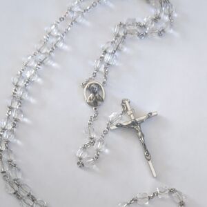 Silver Vintage Rosary Necklace with Crystal Beads and Crucifix 1930s-40s